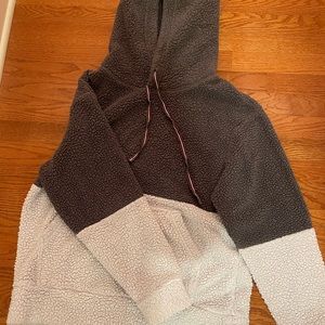 half grey half white fuzzy hoodie